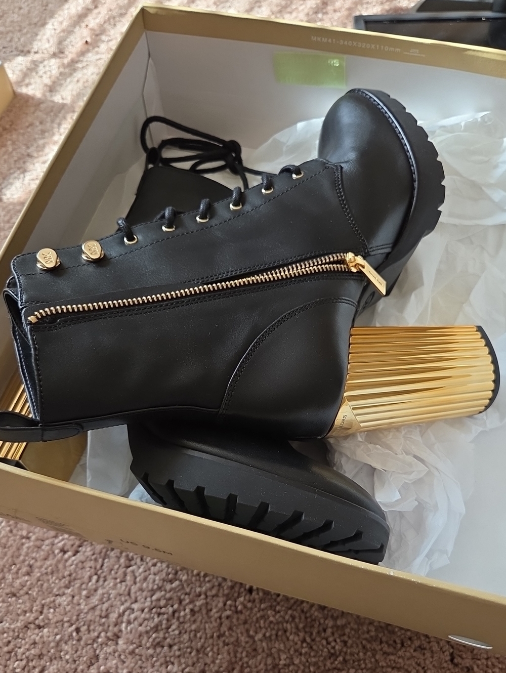 MICHAEL Michael Kors Black Lace-Up Ankle Boots with Gold Sculpted Heel